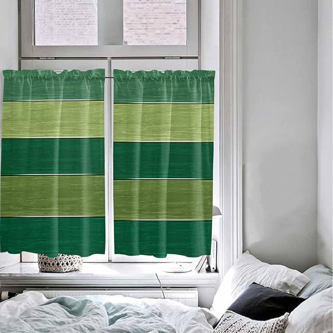 Farm Retro Green Wood Grain Window Valance Curtains, Rustic Wooden Plank Texture Light Filtering Kitchen Valance with 3-inch Rod Pocket for Living Room Bathroom Bedroom,2 Panel,27.5x45In