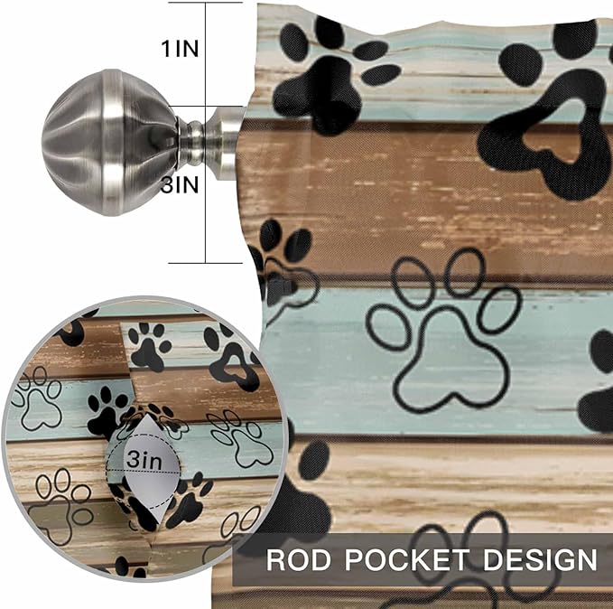 Dog Paws Valances for Windows, Teal Brown Wood Grain Kitchen Valance Light Filtering Rod Pocket Short Curtains for Kitchen Bathroom, 1 Panel, 42"x18"