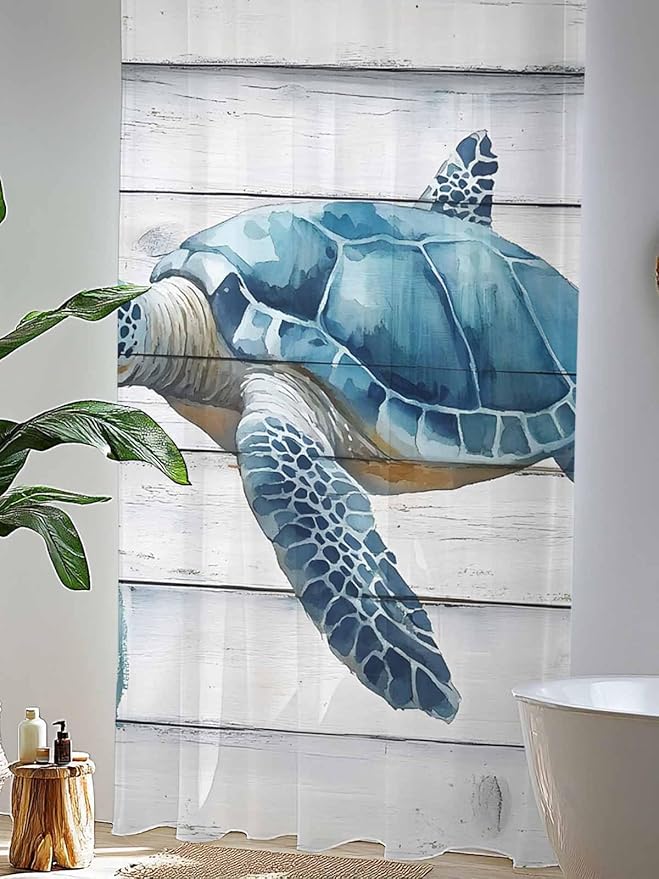 Sheer Curtains 108 Inches Long, Sea Turtle Blue Semi Sheer Curtains Light Filtering Window Treatment, Coastal Ocean Seaweed Wood Grain Privacy Voile Drapes for Living Room Bedroom 52x108 Inch
