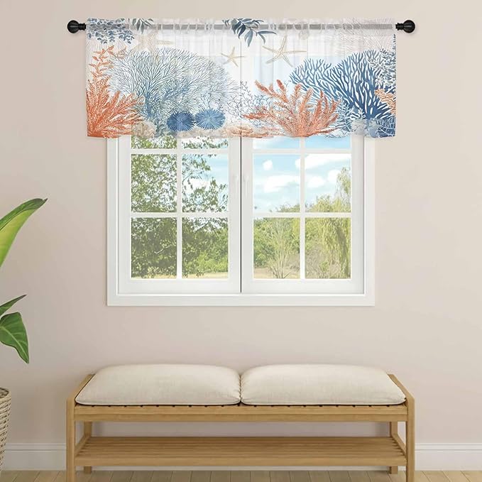 Ocean Corals Sheer Valance Curtains, Summer Beach Coral Sea Stars Light Filtering Kitchen Valances Rod Pocket Voile Curtain Window Treatment for Bedroom/Living Room/Basement 60Wx18L