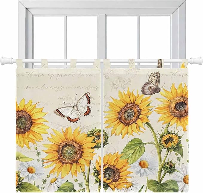 Farm Sunflowers Kitchen Curtains 45 Inch Length, Short Cafe Window Curtains Tab Top, Retro Flowers Butterfly Botanical Beige Light Filtering Window Treatments Tier Drapes 27.5"x45" 2 Panel