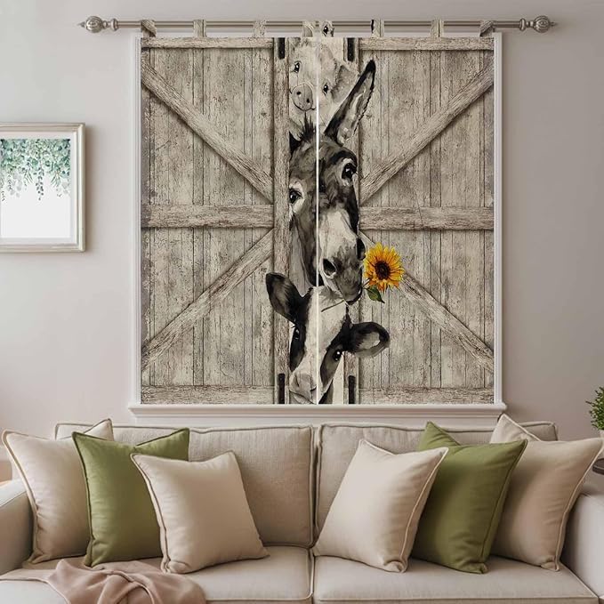 Funny Farm Animals Living Room Curtains 84 Inch Length, Window Curtains Tab Top, Vintage Barn Brown Sunflowers Light Filtering Window Treatments Drapes 42"x84" 2 Panel
