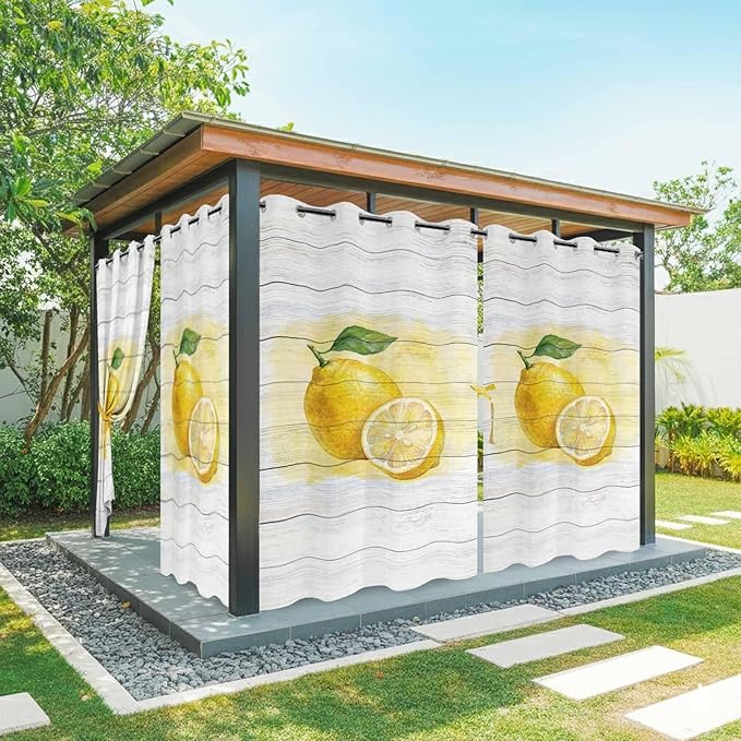 Lemons Yellow Summer Fruit Vintage Wood Outdoor Curtains for Patio Waterproof Outside Curtains with Grommet Top Weatherproof Curtain for Cabana Pergola Gazebo, 2 Pack, 54" W x 95" L