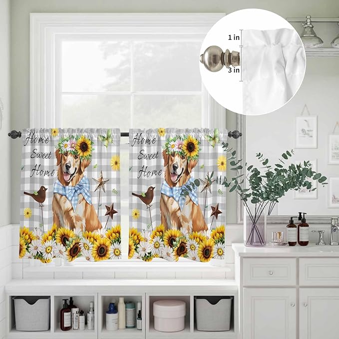 Kitchen Curtains Tiers and Valance Set of 3, Sunflowers Dog Light Filtering Window Curtain Set, Spring Watercolor Floral Stars Grey Plaid Rod Pocket Curtain Drapes for Living Room, 24 Inches Tiers