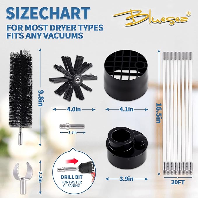 Bluesea 7 Pieces 20 Feet Dryer Vent Cleaner Kit, Reinforced Nylon Dryer Vent Cleaning Kit, Durable Dryer Vent Brush Vacuum Attachment with Flexible Lint Trap Brush, Vacuum & Dryer Adapters