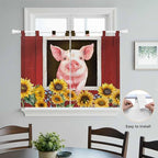 Pigs Sunflowers Kitchen Curtains 45 Inch Length, Short Cafe Window Curtains Tab Top, Farmhouse Red Barn Flowers Animals Light Filtering Window Treatments Tier Drapes 27.5"x45" 2 Panel