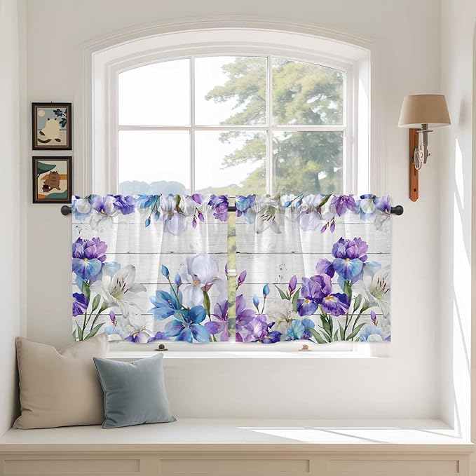 Spring Flowers Tier Curtains, Watercolor Garden Florals Wooden Grain Light Filtering Kitchen Curtains, 2Pcs Rod Pocket Half Window Treatments Panels for Sink Cafe Cabinet Camper 27.5x24 Inches