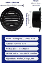 4 Inch Black Soffit Vent Cover,LouanXpert Stainless Steel Round Air Vent Cover Louvered Grille Wall Vent with Built-in Fine Mesh for Garage, Apartment, RV (100mm - 2PCS)