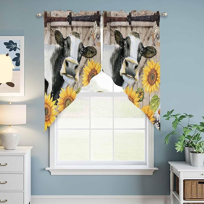 Retro Farmhouse Flower Swag Valances for Windows, Yellow Sunflowers Cow Barn Doors Brown Rod Pocket Kitchen Curtains Valance, Small Window Curtains Swag for Cafe Living Room, 2 Panels, 36x36 inch