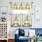 Lemon Gnomes Kitchen Curtains Set 3 Piece for Windows, Rod Pocket Valance and Tier Set 24 Inch Length, Summer Botanical Fruit Wooden Grain Plaid Light Filtering Cafe Curtains for Living Room Bathroom