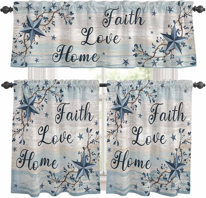 Vintage Farmhouse Kitchen Curtains Set 3 Piece for Windows, Rod Pocket Valance and Tier Set 24 Inch Length, Blue Country Texas Star Vines Wooden Light Filtering Cafe Curtains for Living Room Bathroom