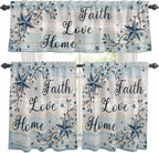 Kitchen Curtains Tiers and Valance Set of 3, Vintage Farmhouse Light Filtering Window Curtain Set, Blue Country Texas Star Vines Wooden Rod Pocket Curtain Drapes for Cafe, Living Room, 36 Inches Tiers