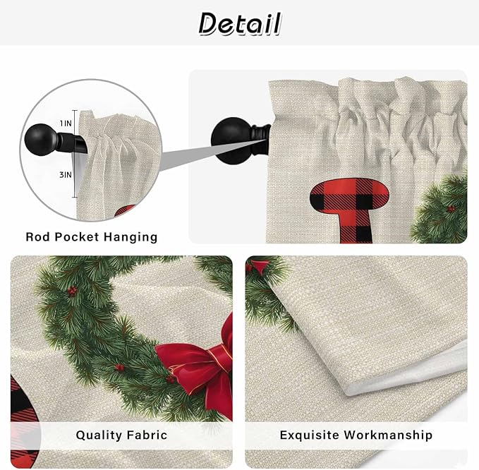 Red Green Christmas Kitchen Curtains 45 Inch Long 2 Panel Set, Rod Pocket Window Treatment, Farmhouse Xmas Botanical Winter Light Filtering Short Curtains & Drapes for Bathroom Laundry 52"W x 45"L
