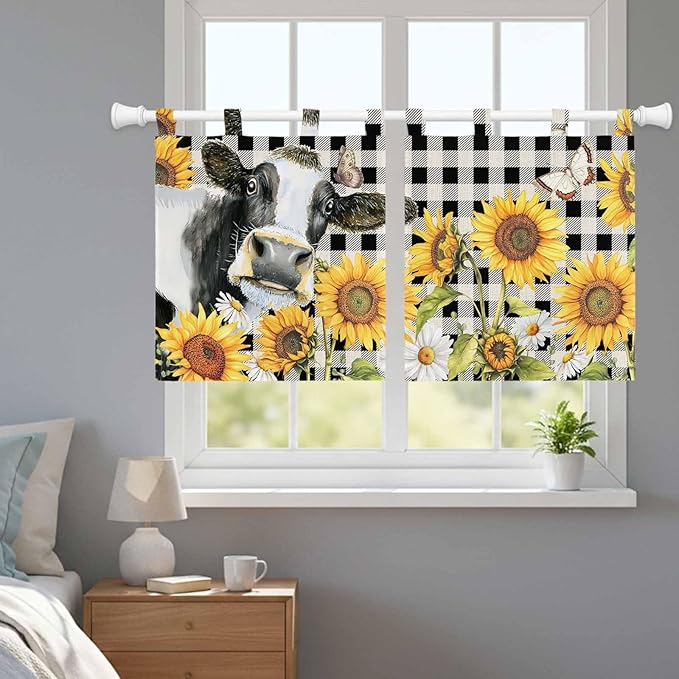 Retro Sunflowers Kitchen Curtains 24 Inch Length, Small Window Curtains Tab Top, Farmhouse Floral Cow Butterfly Black Plaid Light Filtering Short Window Treatments Tier Drapes 27.5"x24" 2 Panel