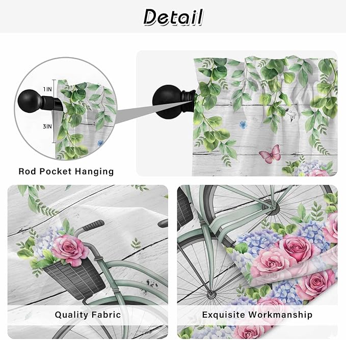 Spring Kitchen Curtains, Bicycles Botanical Rose Leaves Butterfly Wood Grain Light Filtering Window Curtain Panels, 2Pcs Rod Pocket Window Treatments Set for RV Dining Room Study Room 42x45 Inches