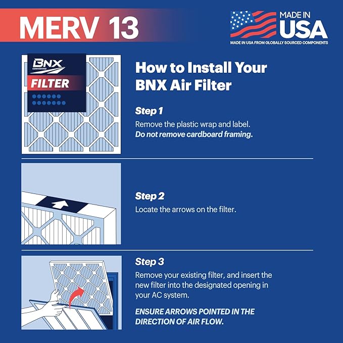 BNX TruFilter 20x25x1 MERV 13 (2-Pack) AC Furnace Air Filter - MADE IN USA - Electrostatic Pleated Air Conditioner HVAC AC Furnace Filters - Removes Pollen, Mold, Bacteria, Smoke