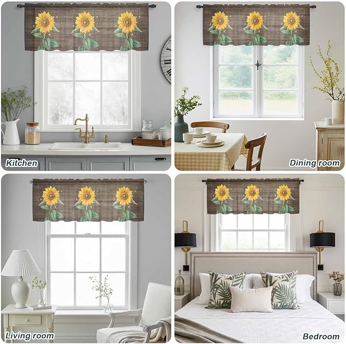 Summer Sunflower Sheer Valance Curtains, Yellow Floral Plants Bees Brown Wood Grain Light Filtering Kitchen Valances Rod Pocket Voile Curtain Window Treatment for Bedroom/Living Room/Basement 54Wx18L