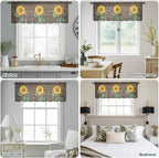 Summer Sunflower Sheer Valance Curtains, Yellow Floral Plants Bees Brown Wood Grain Light Filtering Kitchen Valances Rod Pocket Voile Curtain Window Treatment for Bedroom/Living Room/Basement 42Wx12L