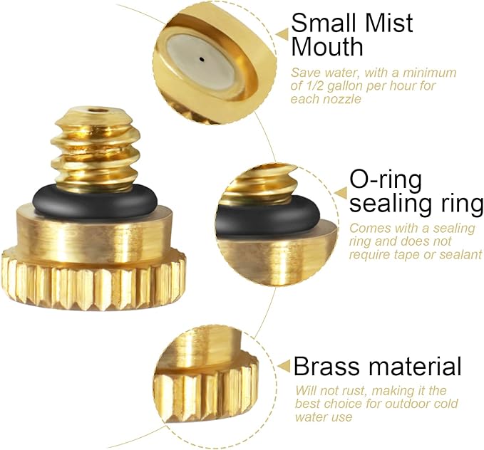 KUWAN 0.016" Orifice (0.4mm) Thread UNC 10/24 Brass Misting Nozzles Low Pressure Atomizing Misting Sprayer Water Hose Nozzle for Greenhouse, Landscaping, Outdoor Cooling Mister System (150PCS)
