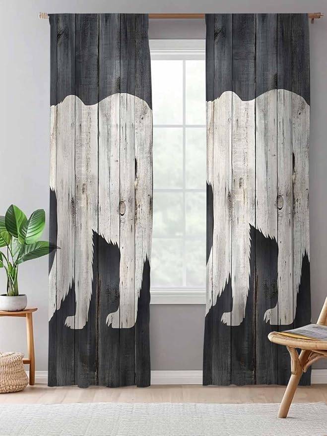 Sheer Curtains 84 Inches Long, White Brown Bear Semi Sheer Curtains Light Filtering Window Treatment, Rustic Counrty Vintage Wood Grain Privacy Voile Drapes for Living Room Bedroom 52x84 Inch