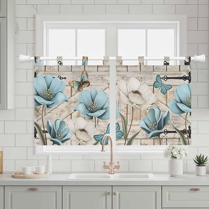 Teal Blue Tulips Kitchen Curtains 36 Inch Length, Small Window Curtains Tab Top, Spring Floral Barn Doors Vintage Wood Beige Light Filtering Short Window Treatments Tier Drapes 27.5"x36" 2 Panel