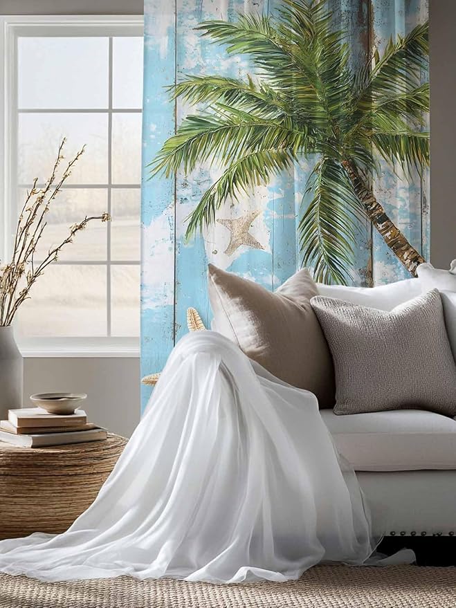 Sheer Curtains 63 Inch Length, Coastal Beach Blue Semi Sheer Curtains Light Filtering Window Treatment, Tropical Coconut Tree Vintage Wood Grain Privacy Voile Drapes for Living Room Bedroom 52x63 Inch