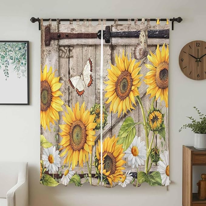 Farmhouse Sunflowers Living Room Curtains 84 Inch Length, Window Curtains Tab Top, Rustic Barn Doors Flowers Butterfly Wooden Light Filtering Window Treatments Drapes 52"x84" 2 Panel