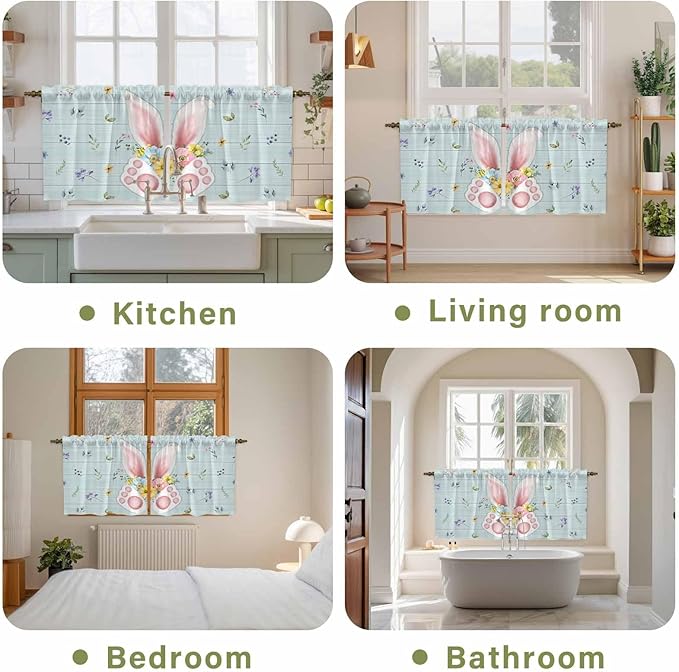 Easter Kitchen Tier Curtains 24 Inch Long 2 Panel Set,Rod Pocket Cafe Small Window Curtains Over Sink,Spring Rabbits Ears Feet Flowers Wooden Grain Light Filtering Short Drapes 27.5"W x 24"L