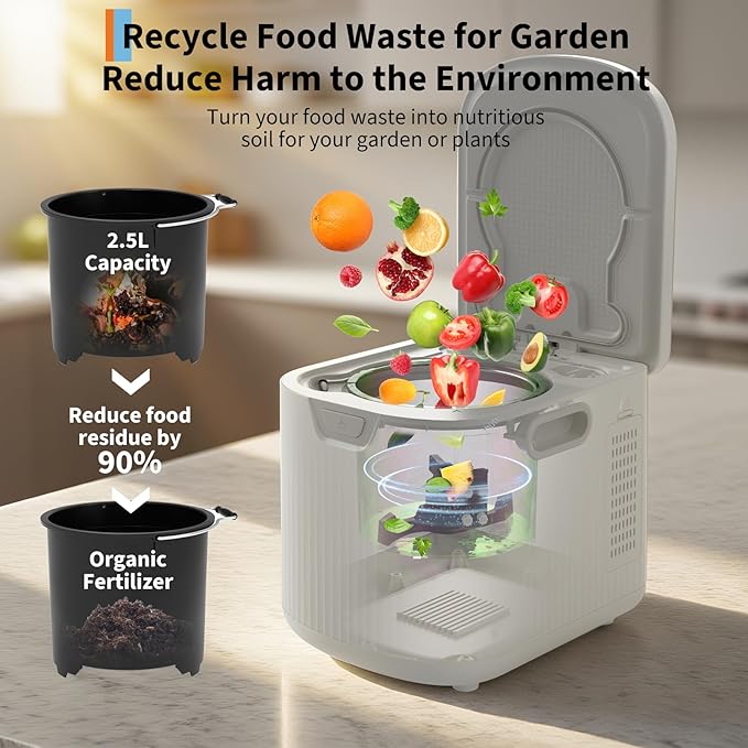 2.5L Electric Composter Countertop, 3 Modes Kitchen Smart Compost Bin with Auto Cleaning, LED Display, Turns Kitchen Waste into Dry Manure, Low Noise Food Waste Compost Machine