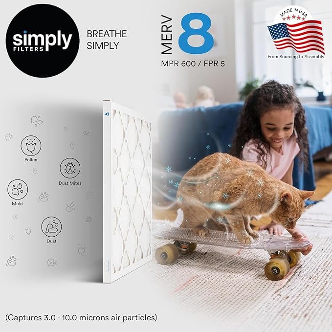 Simply 12x16x1 Air Filter, Merv 8, 6 Pack, For Home AC Furnace & HVAC (Actual Size: 11.75"x15.75"x0.75") DUST, Pet, & Allergy Control