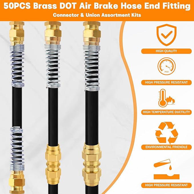 32PCS Brass DOT Air Brake Hose End Fitting Kit - J1402 Sleeve Tube Assortment for Replacement, Assembly (Connector, Union and Sleeve)