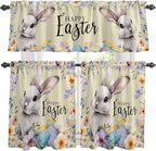 Happy Easter Kitchen Curtains Set 3 Piece for Windows,Rod Pocket Valance and Tier Set 24 Inch Length,Spring Grey Bunny Colorful Eggs Flower Brown Light Filtering Cafe Curtains for Living Room