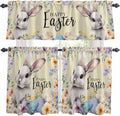 Happy Easter Kitchen Curtains Set 3 Piece for Windows,Rod Pocket Valance and Tier Set 36 Inch Length,Spring Grey Bunny Colorful Eggs Flower Brown Light Filtering Cafe Curtains for Living Room
