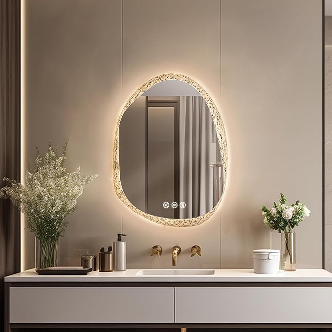 LUVODI Lighted LED Bathroom Mirror: 32”x24”Irregular Stone Pattern Frosted Wall Vanity Mirror with Bright Back Lit - Smart Dimmable Mirror Anti Fog with Touch Switch for Restroom Bedroom Living Room