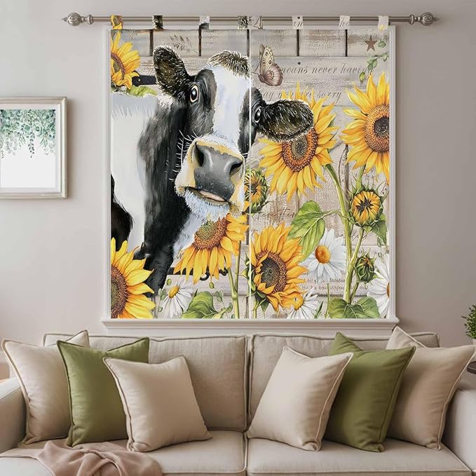 Yellow Sunflowers Bedroom Curtains 72 Inch Length, Window Curtains Tab Top, Farmhouse Cow Barn Doors Floral Butterfly Light Filtering Window Treatments Drapes 52"x72" 2 Panel