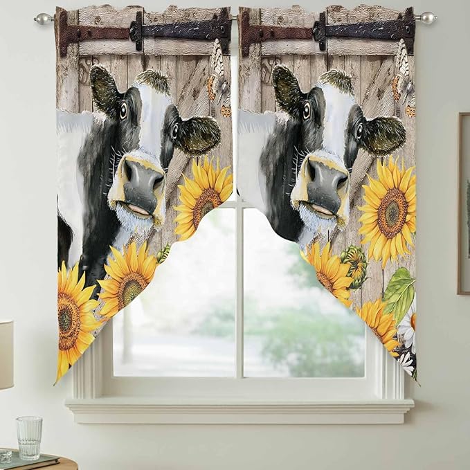 Retro Farmhouse Flower Swag Valances for Windows, Yellow Sunflowers Cow Barn Doors Brown Rod Pocket Kitchen Curtains Valance, Small Window Curtains Swag for Cafe Living Room, 2 Panels, 28x36 inch