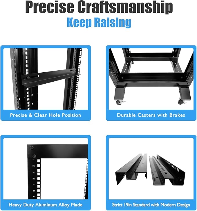 RAISING ELECTRONICS 27U 4 Post Open Frame Network Server Rack 19inch Width 600mm deep with 3 Pairs of L Rail
