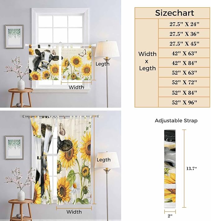 Yellow Sunflowers Bathroom Curtains 63 Inch Length, Window Curtains Tab Top, Country Cow Flower Butterfly Farmhouse Cream Light Filtering Window Treatments Drapes 52"x63" 2 Panel