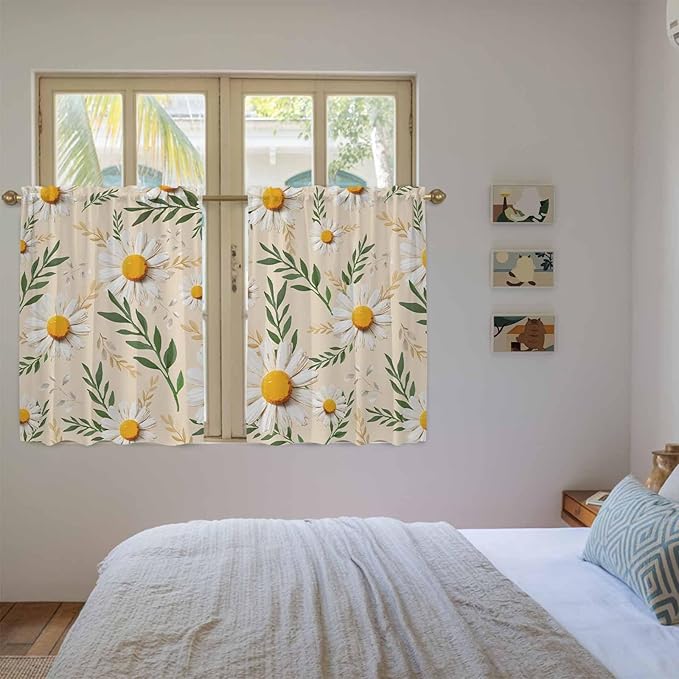 Spring Daisy Kitchen Curtains, Country Watercolor Flower Leaf Plant Light Filtering Window Curtain Panels, 2Pcs Rod Pocket Window Treatments Set for RV Dining Room Study Room 42x45 Inches
