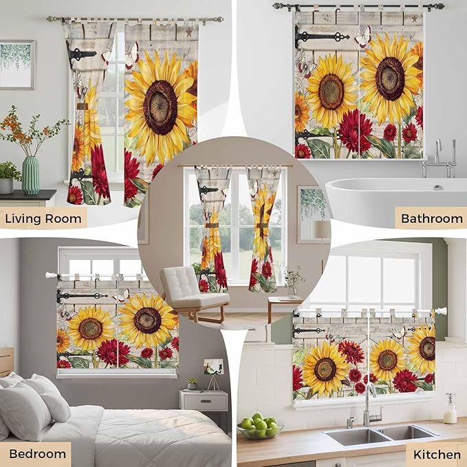 Red Yellow Sunflowers Living Room Curtains 84 Inch Length, Window Curtains Tab Top, Retro Rustic Barn Doors Butterfly Brown Light Filtering Window Treatments Drapes 42"x84" 2 Panel