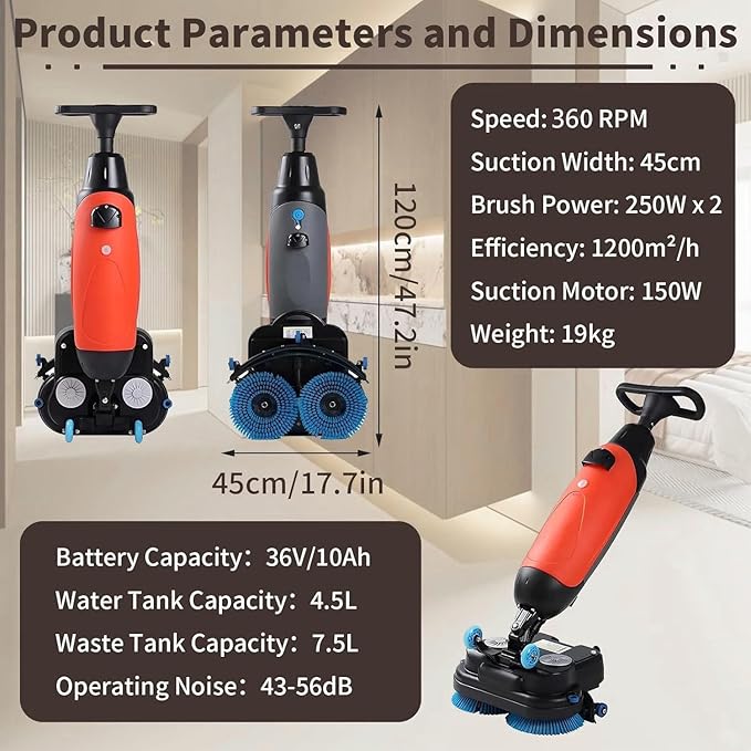 Rechargeable Floor Cleaner and Wet Dry Floor Machine, 17" Commercial Floor Scrubber, Dual-Brush Heads, Cordless Electric Floor Mop Cleaning Capacity 13000 Sqft/H, for Villa Hospital Office White