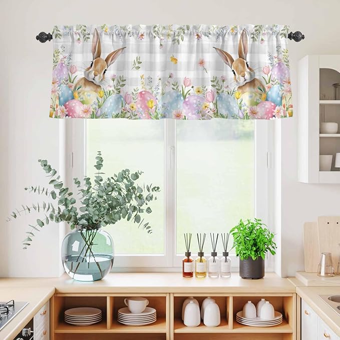 Kitchen Curtains Tiers and Valance Set of 3, Easter Light Filtering Window Curtain Set, Spring Rabbit Eggs Blooms Flowers Leaf Grey Plaid Rod Pocket Curtain Drapes for Living Room, 36 Inches Tiers
