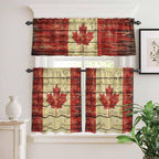 Kitchen Curtains Tiers and Valance Set of 3, Canada Light Filtering Window Curtain Set, Red Maple Leaf Flag Farmhouse Shabby Wooden Grain Rod Pocket Curtain Drapes for Living Room, 24 Inches Tiers