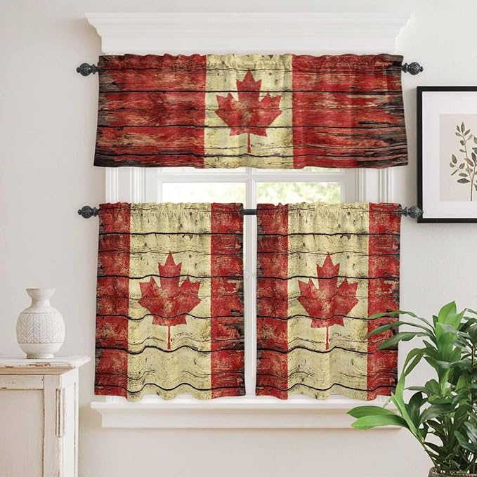 Kitchen Curtains Tiers and Valance Set of 3, Canada Light Filtering Window Curtain Set, Red Maple Leaf Flag Farmhouse Shabby Wooden Grain Rod Pocket Curtain Drapes for Living Room, 24 Inches Tiers