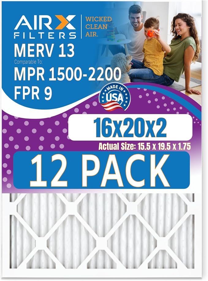 16x20x2 Air Filter MERV 13 Rating, 12 Pack of Furnace Filters Comparable to MPR 1500-2200 & FPR 9 - Made in USA by AIRX FILTERS WICKED CLEAN AIR.