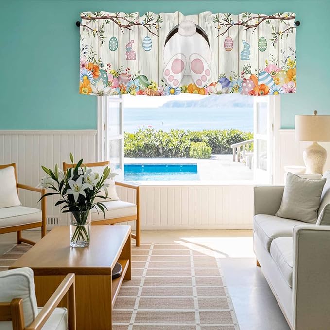 Easter Curtain Valances for Windows, Kitchen Valance Window Treatment, Spring Farmhouse Watercolor Bunny Eggs Wood Grain Light Filtering Block Curtains for Bathroom/Bedroom/Living Room 42'' x 18''