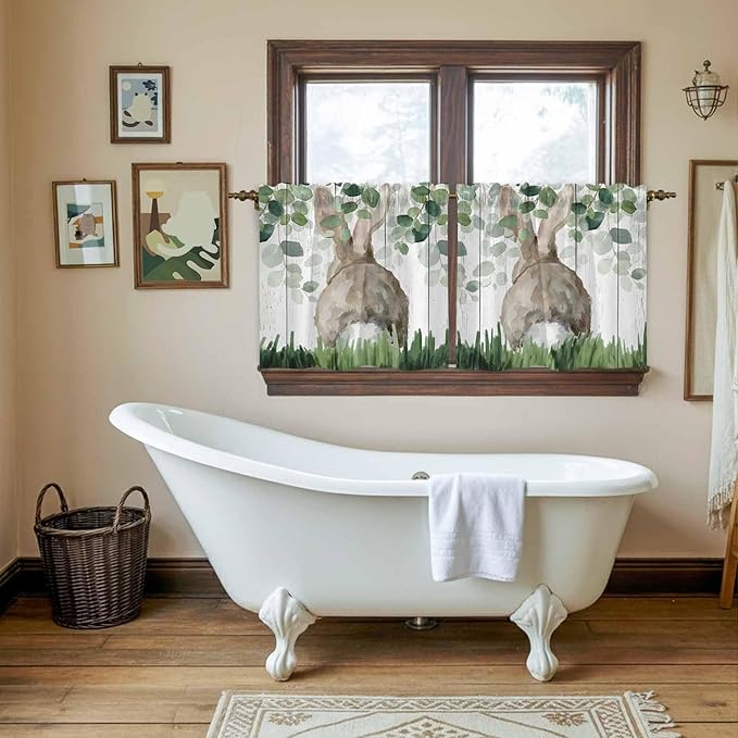 Easter Tier Curtains, Country Rabbit Botanical Leaves Wooden Grain Light Filtering Kitchen Curtains, 2Pcs Rod Pocket Half Window Treatments Panels for Sink Cafe Cabinet Camper 27.5x24 Inches