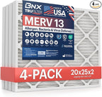 BNX TruFilter 20x25x2 MERV 13 (4-Pack) AC Furnace Air Filter - MADE IN USA - Electrostatic Pleated Air Conditioner HVAC AC Furnace Filters - Removes Pollen, Mold, Bacteria, Smoke