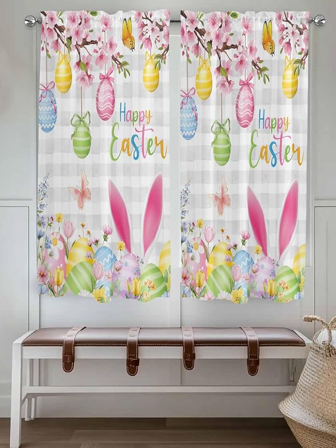 Happy Easter Bedroom Curtains 63 Inches length, Spring Watercolor Bunny Eggs Flower Grey Plaid Window Treatment Curtain Drapes, Rod Pocket Curtain Panels for Living Room Kitchen, 42"x63", 2 Panels