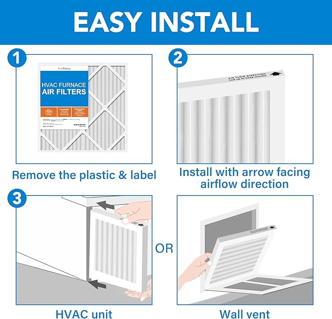 LotFancy 10x20x1 Air Filter MERV 8 4-Pack, Electrostatic Pleated Furnace & AC Filter, Captures Dust, Pet Hair, Pollen, Actual Size: 9.75"x19.75"x0.75"